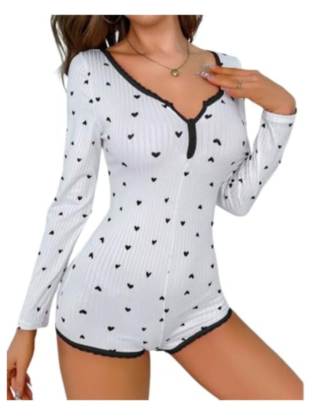 Women Ribbed Knit Bodycon Romper Onesie Long Sleeve V Neck One Piece Pajamas